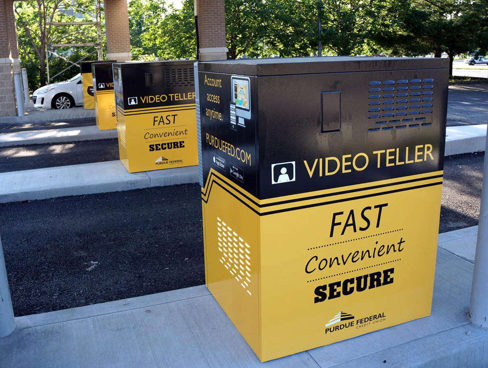 Purdue Federal Credit Union video tellers with graphics