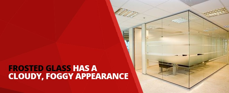 Glass walls of office building with information about frosted glass. 