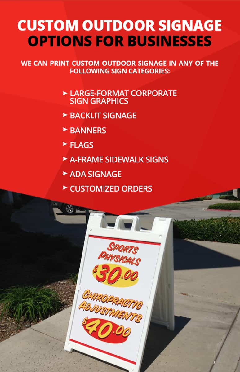 White, red and yellow sign on sidewalk with information about custom outdoor signage options.