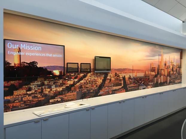 Digital signage with tvs overlooking a city