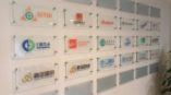 Company logos on a wall