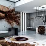 Coffee bean decal on wall and coffee cup decal on floor. 