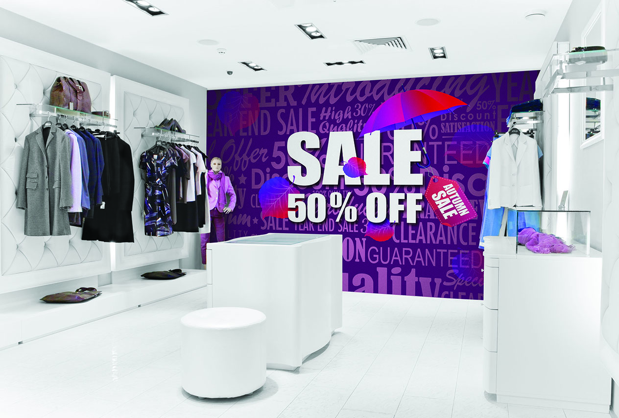 Retail store wall graphic for a 50% off autumn sale