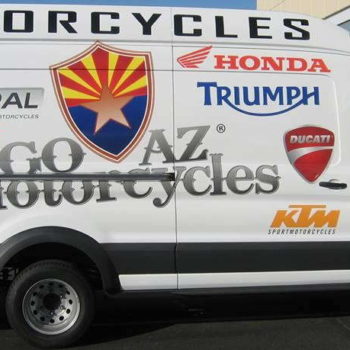 car wrap decal on white van for Go AZ Motorcycles featuring motorcycle brand logos