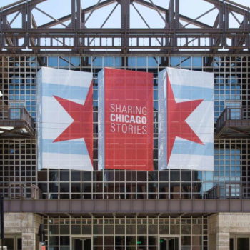 Chicago History Museum outdoor signage saying Sharing Chicago Stories