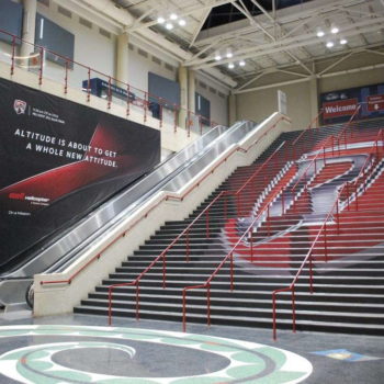 Event graphics on a wall and stairs