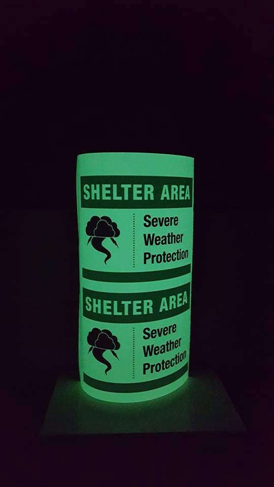 Shelter area for severe weather protection signage