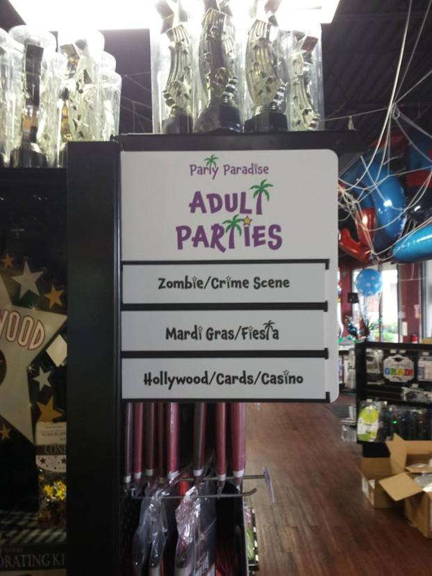 Party Paradise adult parties signage in a store