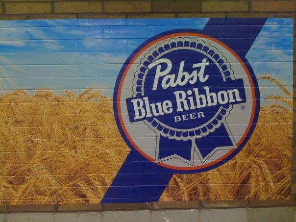 Pabst Blue Ribbon beer wall mural of wheat fields and blue sky