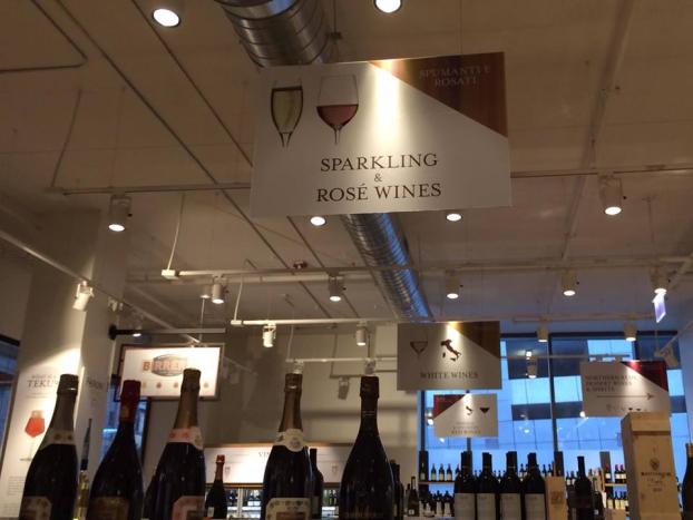 Sparkling & Rose Wines signage in a wine store