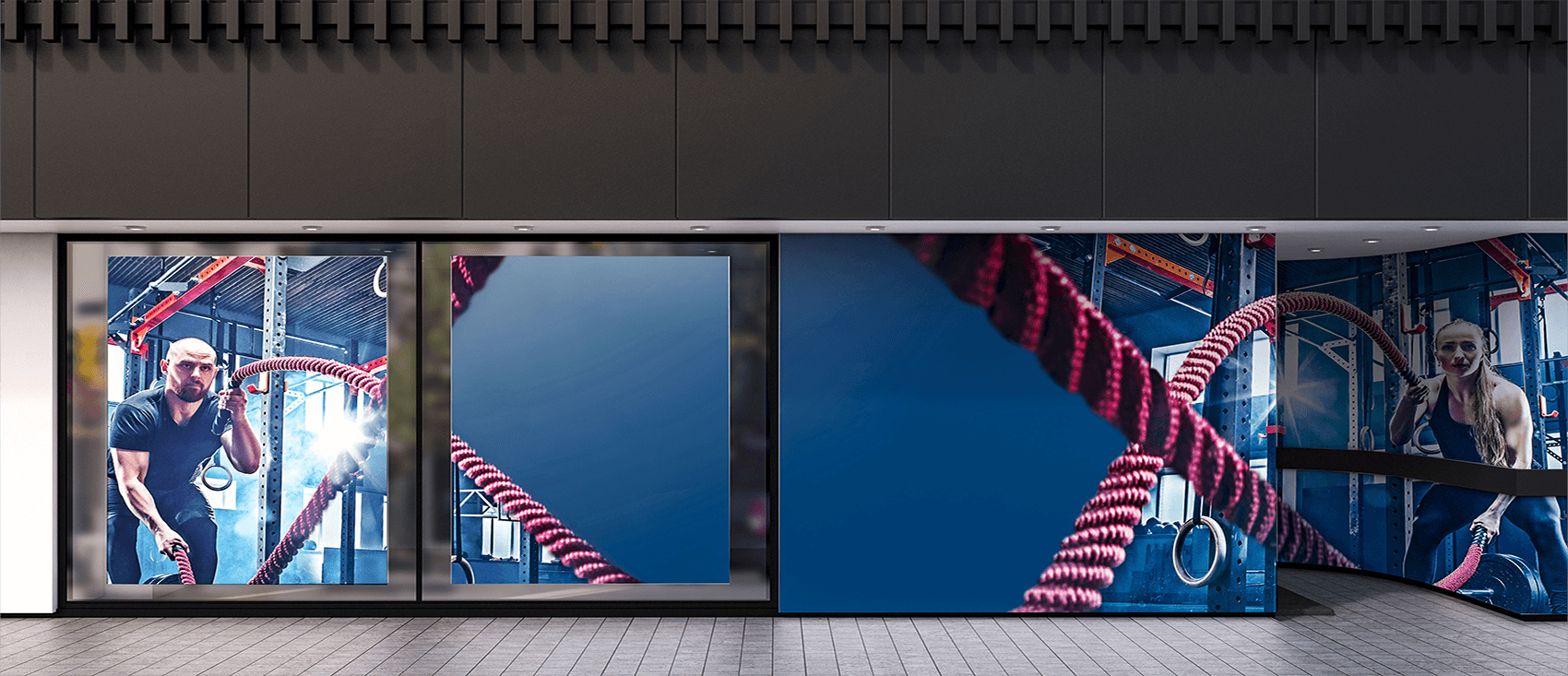 Decal of woman working out with red ropes on a wall. 