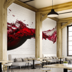 Red wine spilling decal on white brick wall in restaurant. 
